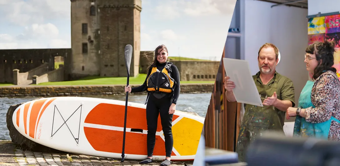 Collage of a paddleboarder and two people in a print studio
